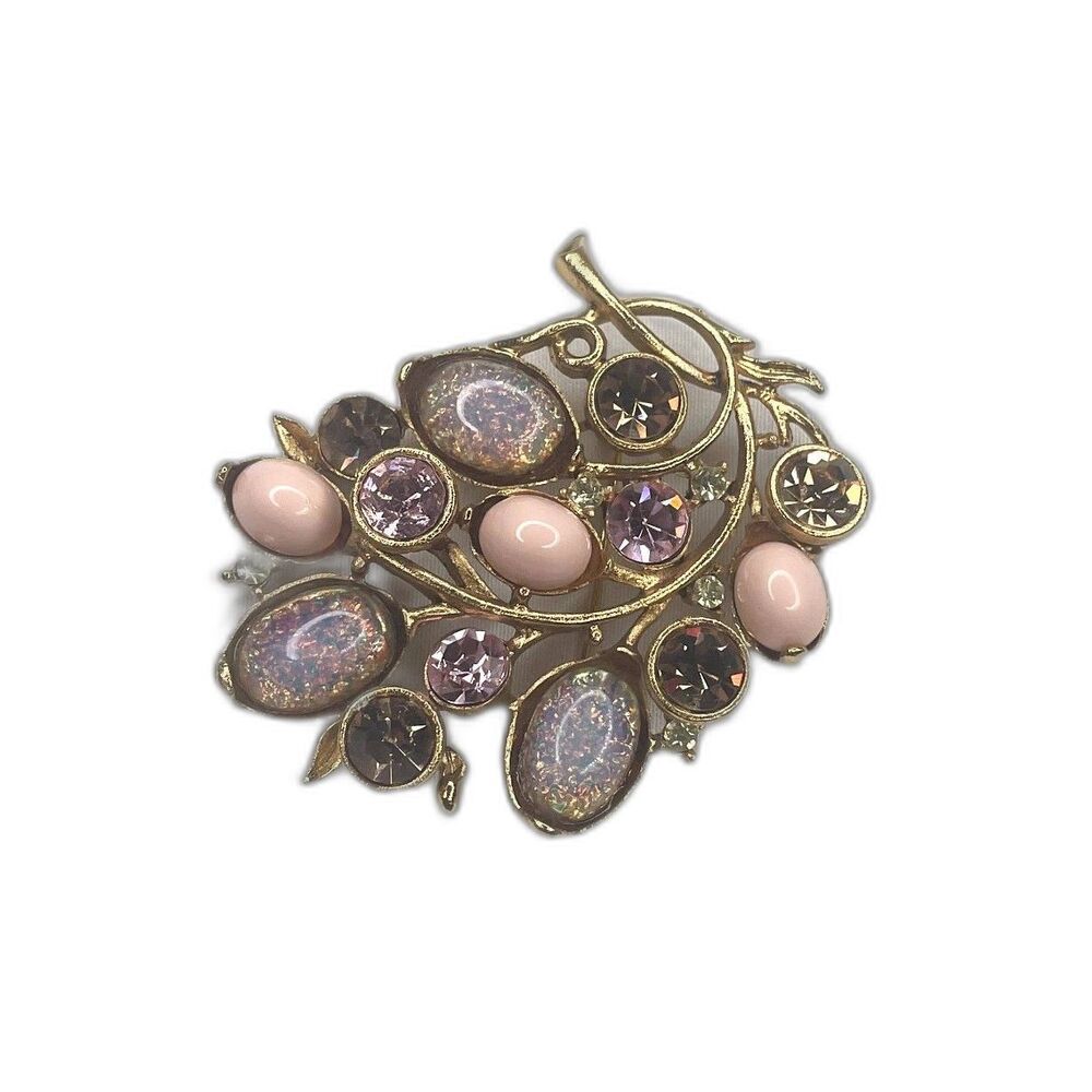 Rare Vintage Graziano Stamped Pink Iridescent Rhinestone Gold Tone Floral Brooch